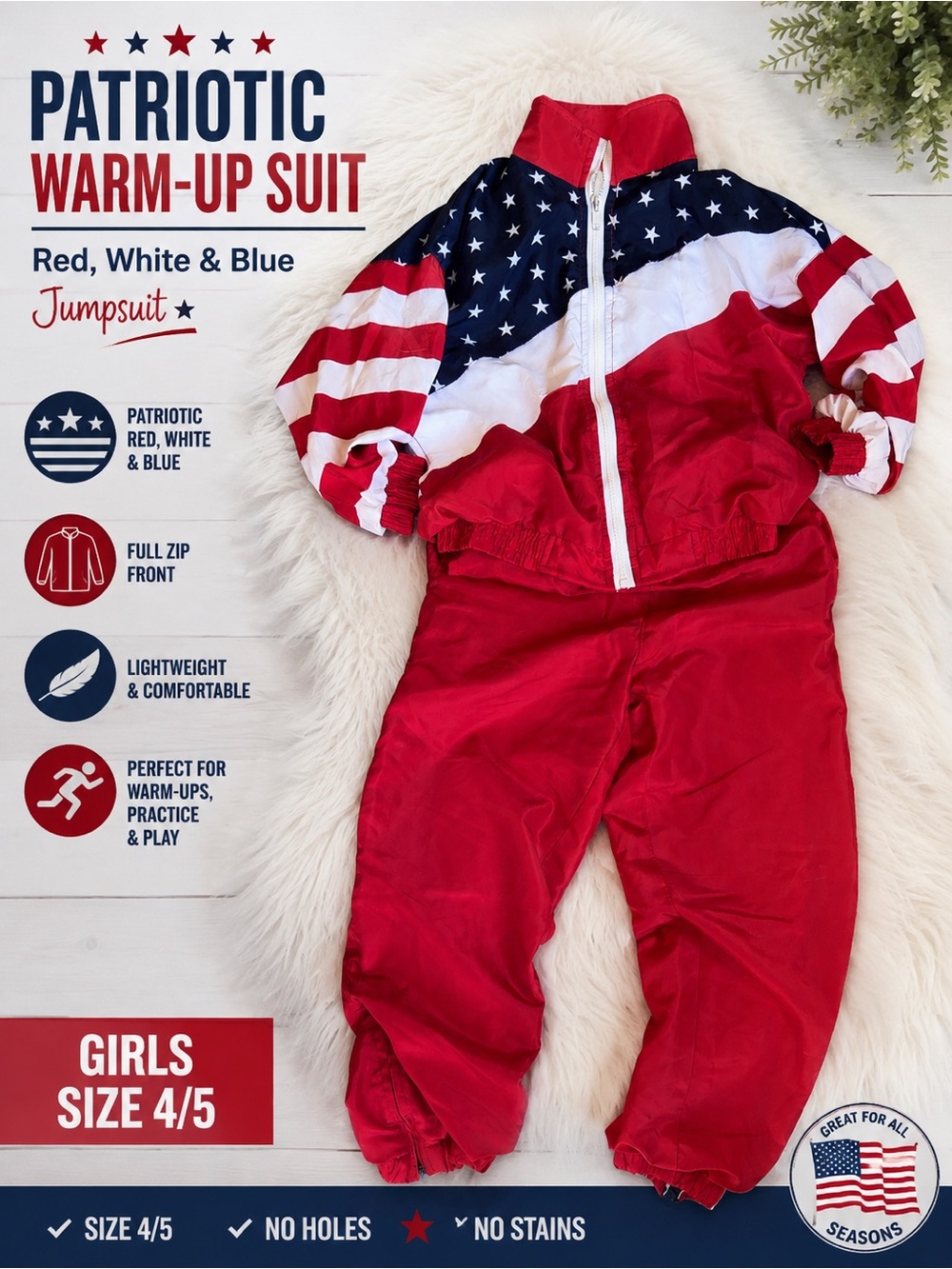 Patriotic Red, White & Blue Girls Warm-Up Suit - Brand:girls size 4/5